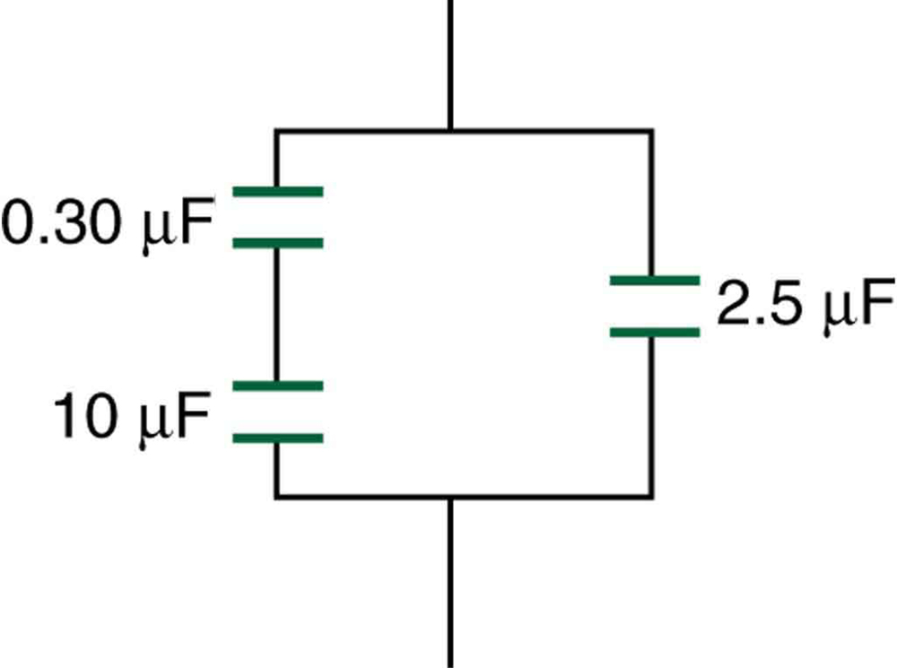 O circuito inclui três capacitores. Um capacitor de zero ponto, três microfarad zero e um capacitor de dez microfarad são conectados em série e, juntos, são conectados em paralelo com um capacitor de dois pontos e cinco microfarad.