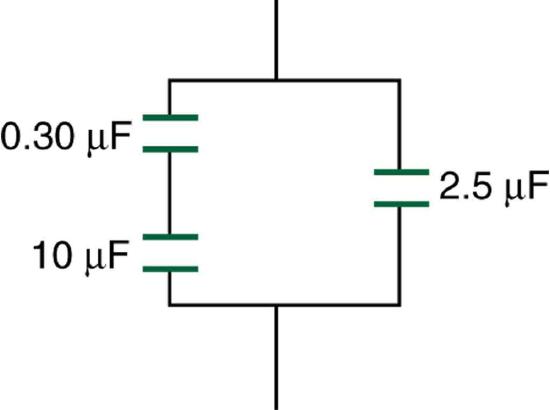 The circuit includes three capacitors. A zero point three zero microfarad capacitor and a ten microfarad capacitor are connected in series, and together they are connected in parallel with a two point five microfarad capacitor.