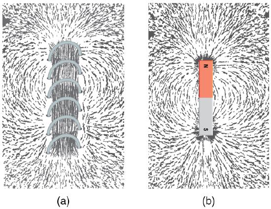 The arrangement of iron filings as they are affected by a metal coil that is carrying an electric current and a bar magnet. At the poles of the magnet, the filings are aligned radially to the poles. Between the poles, the filings are roughly parallel to the magnet. Thus, from one pole to the other, the filings have an arcuate arrangement. The density of filings is very high at the poles and relatively low on either side of the center of the magnet. The arrangement is similar around the current-carrying coil.