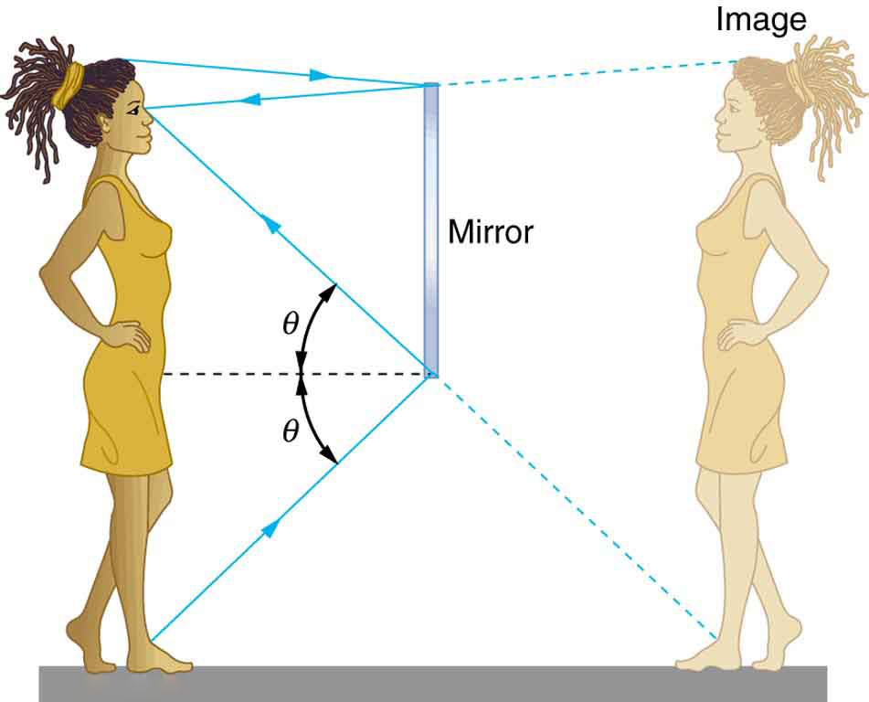 Uma garota fica na frente de um espelho e olha no espelho para ver sua imagem. Os raios de luz de seus pés e cabeça caem no espelho e são refletidos seguindo a lei da reflexão: o ângulo de incidência teta é igual ao ângulo de reflexão teta.