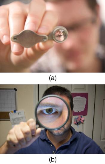 Figure a shows a lens forming an inverted image of a person’s face when it is held far away from his face. Figure b shows a magnified image of the person’s eye when viewed through a magnifying glass when the lens is placed close to the eye of the person.