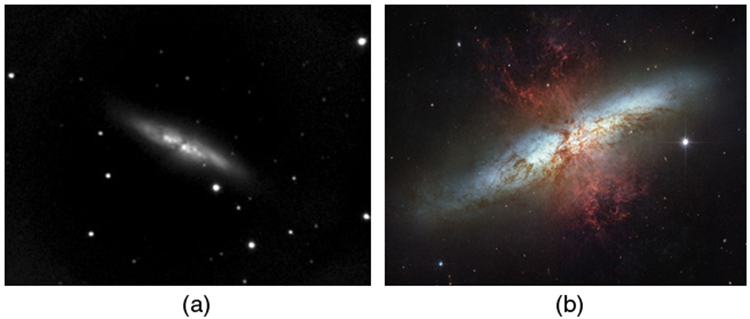 Duas fotos da mesma galáxia tiradas por telescópios diferentes são mostradas lado a lado. A foto a foi tirada com um telescópio terrestre. É bastante embaçado e preto e branco. A foto b foi tirada com o Telescópio Espacial Hubble. Ele mostra muito mais detalhes, incluindo o que parece ser uma nuvem de gás na frente da galáxia, e é colorido.