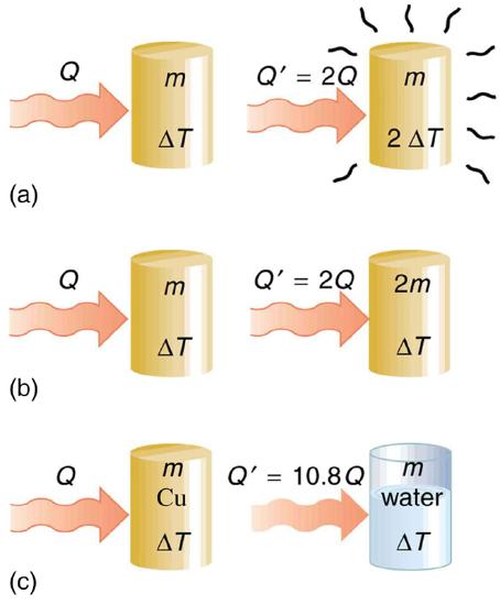 Figure a shows a copper-colored cylinder of mass m and temperature change delta T. The heat Q, shown as a wavy rightward horizontal arrow, is transferred to the cylinder from the left. To the right of this image is a similar image, except that the heat transferred Q prime is twice the heat Q. The temperature change of this second cylinder, which is also labeled m, is two delta T. This cylinder is surrounded by small black wavy lines radiating outward. Figure b shows the same two cylinders as in Figure a. The left cylinder is labeled m and delta T and has a wavy heat arrow pointing at it from the left that is labeled Q. The right cylinder is labeled two m and delta T and has a wavy heat arrow pointing to it from the left labeled Q prime equals two Q. Figure c shows the same copper cylinder of mass m and with temperature change delta T, with heat Q being transferred to it. To the right of this cylinder, Q prime equals ten point eight times Q is being transferred to another cylinder filled with water whose mass and change in temperature are the same as that of the copper cylinder.