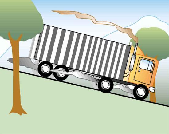 A figura mostra um caminhão vindo da esquerda e se movendo em uma estrada inclinada ladeira abaixo para a direita. A fumaça vem da área das rodas do caminhão.