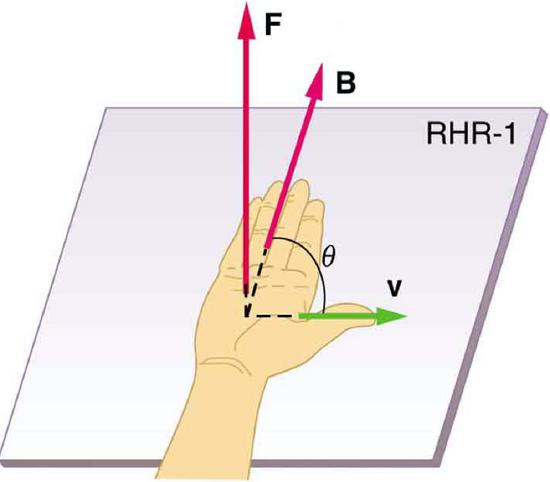 The right hand rule 1. An outstretched right hand rests palm up on a piece of paper on which a vector arrow v points to the right and a vector arrow B points toward the top of the paper. The thumb points to the right, in the direction of the v vector arrow. The fingers point in the direction of the B vector. B and v are in the same plane. The F vector points straight up, perpendicular to the plane of the paper, which is the plane made by B and v. The angle between B and v is theta. The magnitude of the magnetic force F equals q v B sine theta.