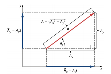 Vector A has horizontal x component A sub x equal to magnitude A sub x I hat and vertical y component A sub y equal to magnitude A sub y j hat. Vector A and the components form a right triangle with sides length magnitude A sub x and magnitude A sub y and hypotenuse magnitude A equal to the square root of A sub x squared plus A sub y squared. The angle between the horizontal side A sub x and the hypotenuse A is theta sub A.