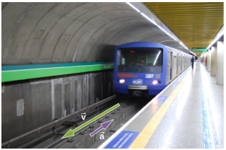 A imagem mostra um trem do metrô entrando em uma estação.