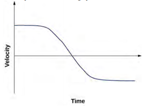 Graph shows velocity plotted versus time. It starts with the positive value at zero time, decreases to the negative value and remains constant.