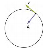 Um círculo é mostrado com uma seta roxa rotulada como vetor a sub c apontando radialmente para dentro e uma seta verde tangente ao círculo e rotulada v. As setas são mostradas com suas pontas no mesmo ponto do círculo.