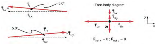 هناك ثلاثة أرقام. يُظهر الأول TL، بزاوية مقدارها 5 درجات مع الاتجاه الأفقي، ويشير إلى اليسار. سهمان منقطان، TLX، يشيران إلى اليسار بشكل مستقيم ويشير tLy إلى الأعلى بشكل مستقيم، ويشكلان مثلثًا قائمًا باستخدام TL. يوضح الشكل الثاني TR، بزاوية مقدارها 5 درجات مع الاتجاه الأفقي، ويشير إلى اليمين. سهمان منقطان، TRx، يشيران إلى اليمين بشكل مستقيم ويوجهان بشكل مستقيم لأعلى، ويشكلان مثلثًا قائمًا باستخدام TR. يوضح الشكل الثالث مخطط الجسم الحر. يشير TRx إلى اليمين. حاول ويشير لي. نقاط TLX متبقية. يشير W إلى الأسفل. صافي الفوركس يساوي 0 وصافي Fy يساوي 0.