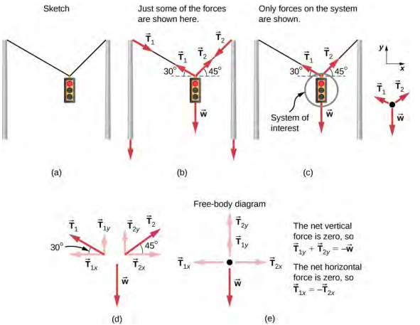 A sketch of a traffic light suspended from two wires supported by two poles is shown. (b) Some forces are shown in this system. Tension T sub one pulling the top of the left-hand pole is shown by the vector arrow along the left wire from the top of the pole, and an equal but opposite tension T sub one is shown by the arrow pointing up along the left-hand wire where it is attached to the light; the left-hand wire makes a thirty-degree angle with the horizontal. Tension T sub two is shown by a vector arrow pointing downward from the top of the right-hand pole along the right-hand wire, and an equal but opposite tension T sub two is shown by the arrow pointing up along the right-hand wire, which makes a forty-five degree angle with the horizontal. The traffic light is suspended at the lower end of the wires, and its weight W is shown by a vector arrow acting downward. (c) The traffic light is the system of interest, indicated by circling the traffic light. Tension T sub one starting from the traffic light is shown by an arrow along the wire making an angle of thirty degrees with the horizontal. Tension T sub two starting from the traffic light is shown by an arrow along the wire making an angle of forty-five degrees with the horizontal. The weight W is shown by a vector arrow pointing downward from the traffic light. A free-body diagram is shown with three forces acting on a point. Weight W acts downward; T sub one and T sub two act at an angle with the vertical. A coordinate system is shown, with positive x to the right and positive y upward. (d) Forces are shown with their components. T sub one is decomposed into T sub one y pointing vertically upward and T sub one x pointing along the negative x direction. The angle between T sub one and T sub one x is thirty degrees. T sub two is decomposed into T sub two y pointing vertically upward and T sub two x pointing along the positive x direction. The angle between T sub two and T sub two x is forty five degrees.  Weight W is shown by a vector arrow acting downward. (e) The net vertical force is zero, so the vector equation is T sub one y plus T sub two y equals W. T sub one y and T sub two y are shown on a free body diagram as equal length arrows pointing up. W is shown as a downward pointing arrow whose length is twice as long as each of the T sub one y and  T sub two y arrows. The net horizontal force is zero, so vector T sub one x is equal to minus vector T sub two x. T sub two x is shown by an arrow pointing toward the right, and T sub one x is shown by an arrow pointing toward the left.