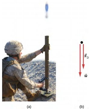 (a) A photograph of a soldier firing a mortar shell straight up. (b) A free body diagram of the mortar shell shows forces F sub D and w, both pointing vertically down. Force w is larger than force F sub D.