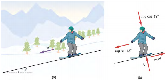 图 (a) 显示了滑雪板运动员在比水平线上倾斜13度的斜坡上的示意图。 箭头表示加速度，a，下坡。 图 (b) 显示了滑雪板运动员的自由身体图。 力为 m g 余弦向斜率 13 度，垂直于表面，N，偏出斜率，垂直于表面，m g 正弦向下斜率平行于表面 13 度，mu sub k 乘以 N，上坡平行于表面。