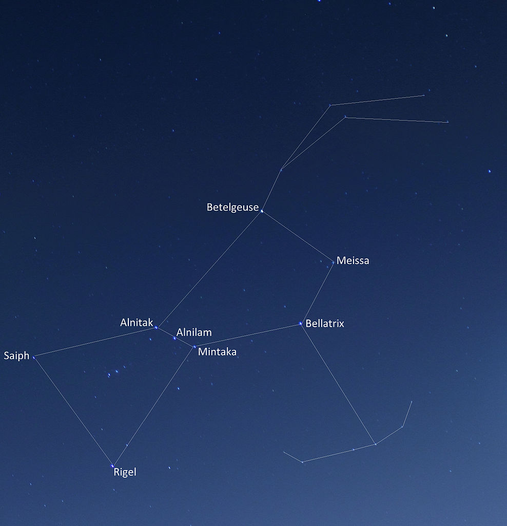 Image of the constellation Orion with the major stars labelled. These are Betelgeuse, Meissa, Bellatrix,Mintaka, Alnilam, Alnitak, Saiph, and Rigel.