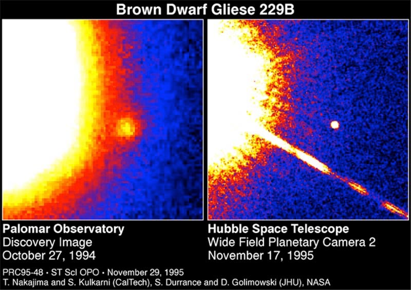 Two images, taken at the Palomar Observatory and by the Hubble Space Telescope, shows the brown dwarf star Gliese 229 and a planet orbiting the brown dwarf star, named Gliese 229b.