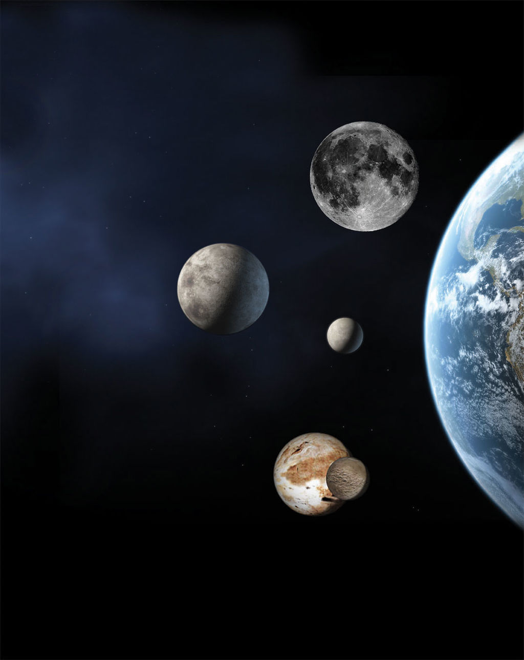 An artist's concept showing the size of the best known dwarf planets compared to Earth and its moon (top). Eris is left center; Ceres is the small body to its right and Pluto and its moon Charon are at the bottom.