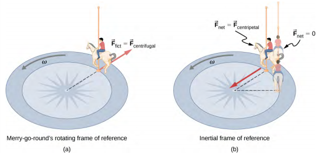 In figure a, looking down on a merry-go-round, we see a child sitting on a horse moving in counterclockwise direction with angular velocity omega. The force F sub fict is equal to the centrifugal force at the point of contact between the pole carrying horse and the merry-go-round surface. The force is radially outward from the center of the merry-go-round. This is the merry-go-round’s rotating frame of reference. In figure b, we see the situation in the inertial frame of reference.  seen rotating with angular velocity omega in the counterclockwise direction. The child on the horse is shown at the same position as in figure a. The net force is equal to the centripetal force, and points radially toward the center. In shadow, we are also shown the child as at an earlier position and at the position he would have if the net force on him were zero, which is straight forward and so at a larger radius than his actual position.