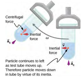 离心机中的试管以顺时针方向移动，角速度为欧米伽的示意图。 试管显示在两个不同的位置：在圆的底部和大约 45 度之后。 它采用径向定向，开口端更靠近中心。 内容物在试管的底部。 显示了以下方向：在底部位置，sub c 的向心加速度径向向内，速度 v 和惯性力在运动方向上水平移动（在图中向左）。 不久之后，当管子向上和向左移动时，sub c 的向心加速度径向向向内，惯性力向左，离心力径向向向外。 有人告诉我们，随着试管向上移动，粒子会继续离开。 因此，粒子由于其惯性而在管中向下移动。