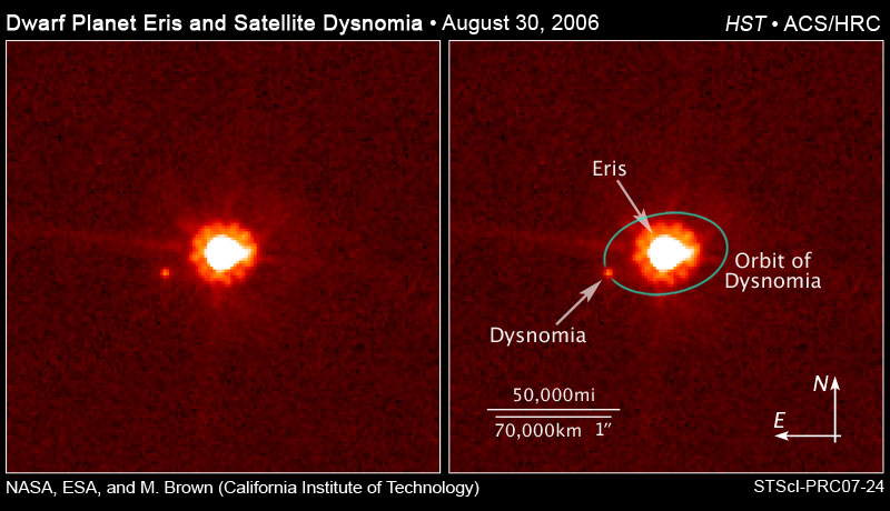 Image of The dwarf planet Eris, center, and its moon Dysnomia, right of Eris.