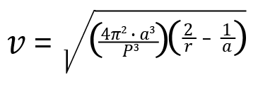 Image of Kepler's second law in an equation. V equals the square root of four multiplied by pie to the second power multiplied by a to the third power divided by p to the third power multiplied by 2 divided by r minus 1 divided by a.
