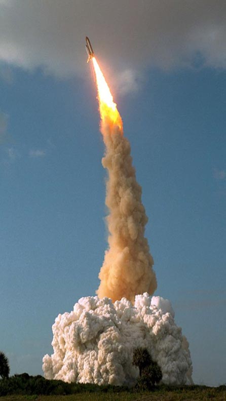 Images of Blast-off of the space shuttle Endeavour and the Hubble Space Telescope, April 24, 1990.