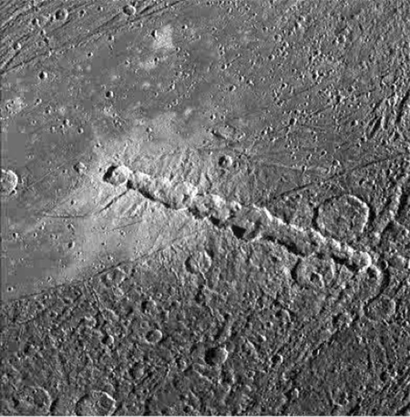 Image of A chain of craters on Jupiter’s moon Ganymede that would have been caused by a series of comet fragments like Comet Shoemaker-Levy 9.
