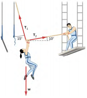 Un artiste de cirque suspendu à un trapèze est tiré vers la droite par un autre artiste à l'aide d'une corde. Son poids est indiqué par un vecteur w agissant verticalement vers le bas. La corde trapézoïdale exerce une tension, T inférieure à un, vers le haut et vers la gauche, faisant un angle de quinze degrés avec la verticale. Le second interprète tire avec une tension T inférieure à deux, formant un angle de dix degrés au-dessus de la direction x positive.