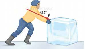 يتم دفع كتلة من الجليد بقوة F موجهة بزاوية خمس وعشرين درجة أسفل الأفقي.