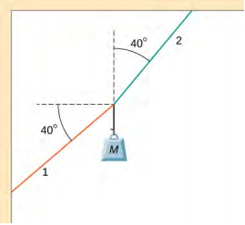 Mass M is suspended from strings 1 and 2. String 1 connects to a wall at a point below and to the left of the mass. String 1 makes an angle of 40 degrees below the horizontal. String 2 connects to a ceiling at a point above and to the right of the mass. String 2 makes an angle of 40 degrees to the right of vertical.