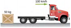 The figure shows a truck moving to the right at 100 kilometers per hour and a 50 kilogram crate on the ground behind the truck.
