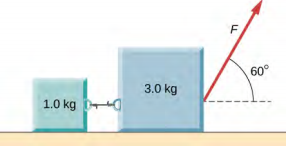 Deux blocs, de 1,0 kilogramme à gauche et 3,0 kilogrammes à droite, sont reliés par une ficelle et se trouvent sur une surface horizontale. La force F agit sur la masse de 3,0 kg et pointe vers le haut et vers la droite à un angle de 60 degrés au-dessus de l'horizontale.
