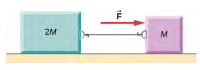 Deux blocs, 2 M à gauche et M à droite, sont reliés par une ficelle et se trouvent sur une surface horizontale. La force F agit sur M et pointe vers la droite.