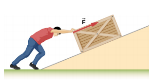 Uma pessoa está empurrando uma caixa até uma rampa. A pessoa está empurrando com força F paralelamente à rampa.