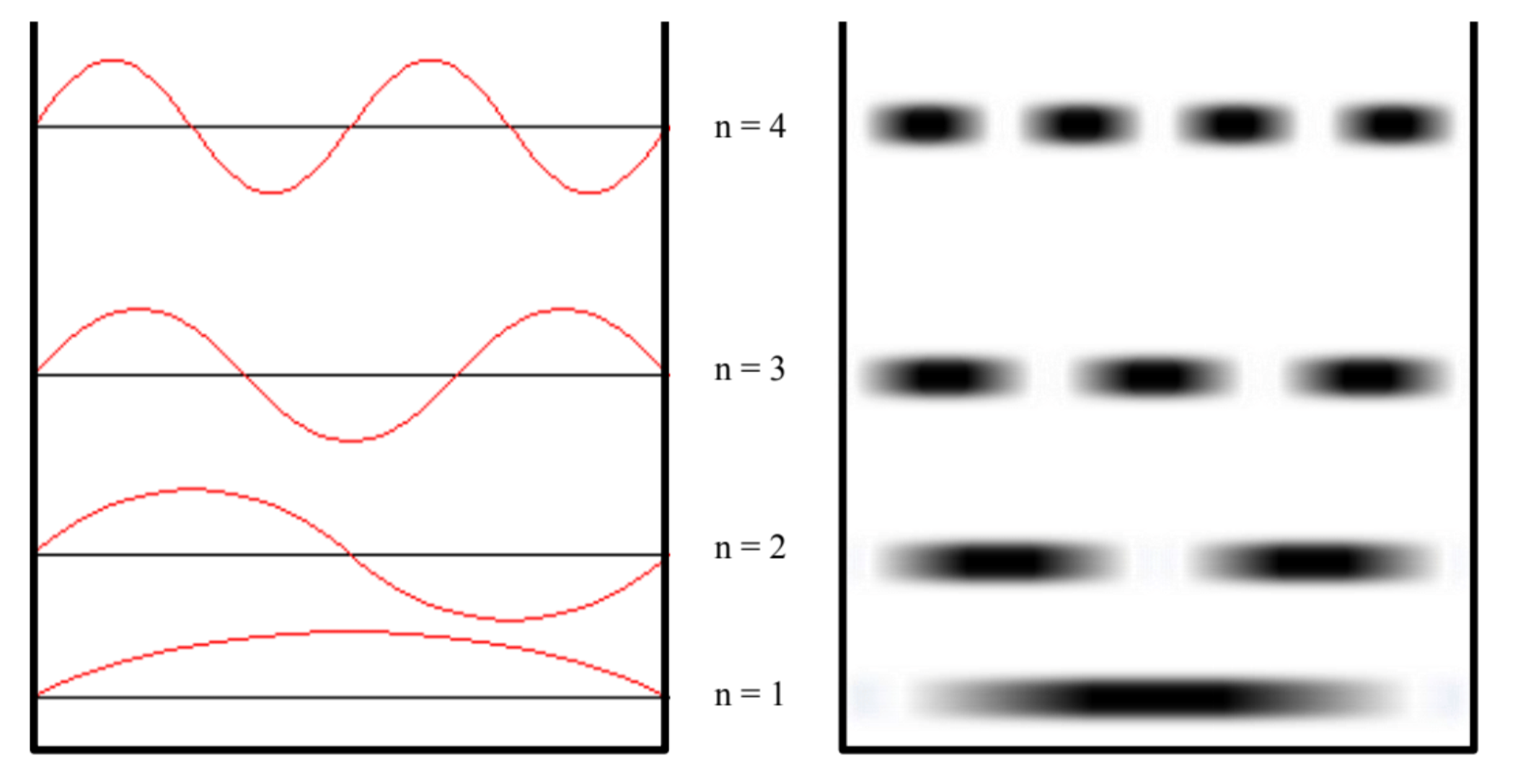 To the right the algebraic wavefunction graph, to the right the probability of finding the particle shown by density of ink 