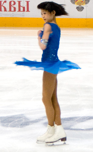 The Figure shows Yuko Kawaguti, in the 2010 Cup of Russia, free skating. This photo is an example of a classical illustration of conservation of angular momentum in physics. When a spinning figure skater pulls in her arms, reducing her moment of inertia, she rotates faster.