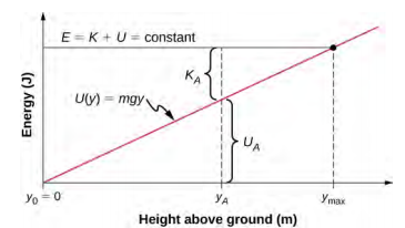 L'énergie, en unités de joules, est tracée en fonction de la hauteur au-dessus du sol en mètres. Le graphique de l'énergie potentielle U est une ligne rouge droite passant par l'origine, où y sous zéro est égal à zéro. L'équation de la droite est donnée comme U de y est égal à m g y. Le graphique de l'énergie totale E qui est égale à K plus U est une constante qui apparaît sous la forme d'une ligne horizontale noire. La hauteur au-dessus du sol où les graphes E et U se croisent est y sub max. L'énergie entre la ligne U rouge et l'axe horizontal est U sub A. L'énergie entre le U rouge de la ligne Y et la ligne E noire est K sub A.