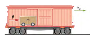 A drawing of a crate on rollers being pushed across the floor of a freight car. The crate has mass m,it is being pushed to the right with a force F, and the car has a velocity v sub zero to the right.