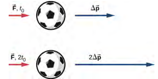图中显示了两个足球。 在一个图中，一个标有向量 F，t sub 0 的红色箭头指向右边，一个标有 delta p 向量的蓝色箭头也指向右边。 在第二张图中，一个长度与第一张图中相同长度的红色箭头指向右侧，标为矢量 F，2 t sub 0。 蓝色箭头的长度是第一个图中的蓝色箭头指向右侧的两倍，标为 2 delta p 向量。
