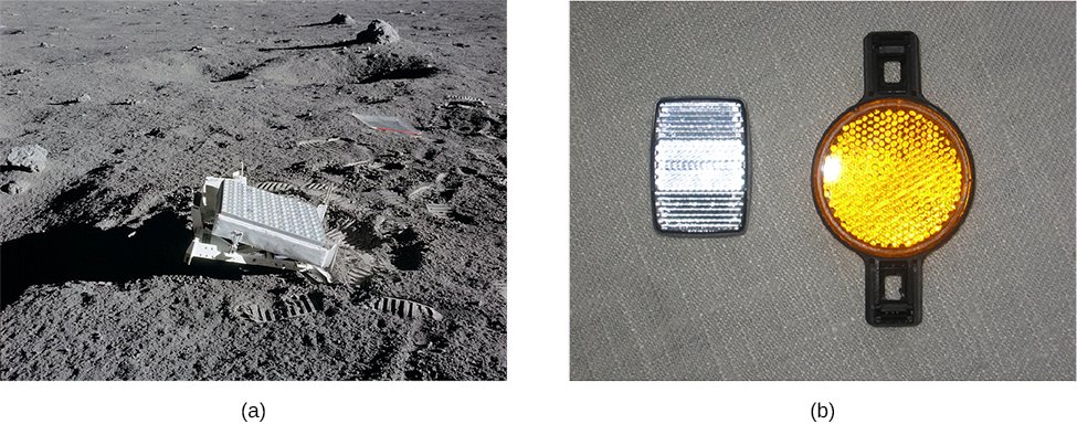 A Figura a é uma fotografia de um astronauta colocando um refletor de canto na lua. A Figura b é uma fotografia de dois refletores de segurança para bicicletas.