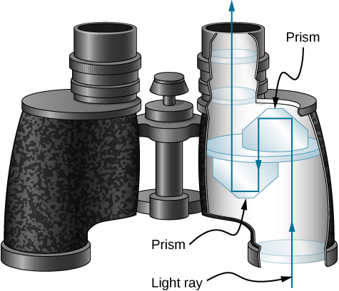 The figure shows binoculars with prisms inside. The light through one of the object lenses enters through the first prism and undergoes two total internal reflection, exiting parallel to the incident ray but shifted over so it then falls on the second prism. The ray again total internally reflects twice and shifts to emerge out through one of the eyepiece lenses parallel to the incident ray.