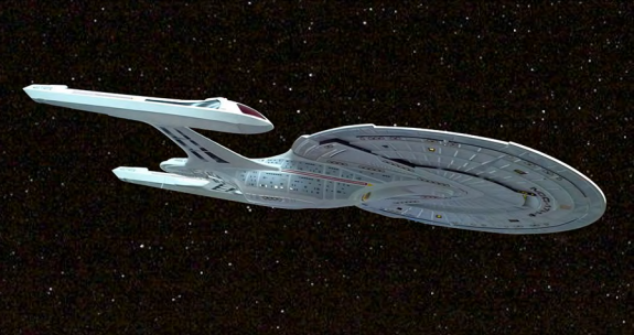 mfano wa Enterprise kutoka Star Trek na nyota kwa nyuma.