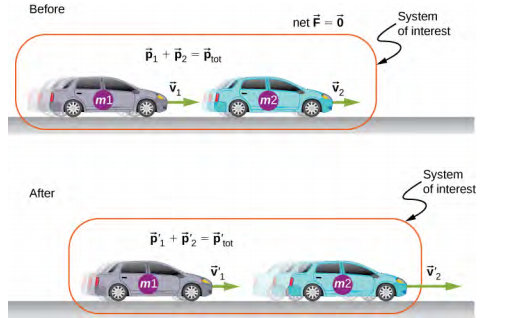 两辆质量为 m 1 和 m 2 的汽车碰撞示意图。 感兴趣的系统是碰撞前后的两辆车。 碰撞前，汽车 m 2 在前方并以速度 v 2 向前移动，汽车 m 1 在后面，以速度 v 1 向前移动。 净向量 F = 0，向量 p 1 加 p 2 等于 p tot。 碰撞后，汽车 m 2 在前方并以 v2 prime 向前移动，速度大于 v 2 prime，而汽车 m 1 在后面，以碰撞前小于 v 1 的速度 v 1 向前移动。 向量 p 1 素数加 p 2 素数等于 p tot prime。