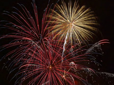 Photograph of multi-colored fireworks of varying size exploding in the sky.