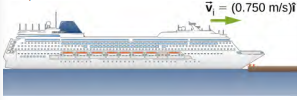 O desenho de um navio batendo em um píer. O navio está se movendo para a direita com v sub i igual a 0,750 metros por segundo.