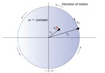 La figure montre deux particules sur un disque rotatif. La particule 1 se trouve à la distance r1 de l'axe de rotation et se déplace à la vitesse v1. La particule 2 se trouve à la distance r2 de l'axe de rotation et se déplace à la vitesse v2.