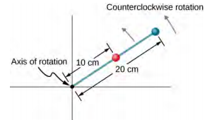 Figure is a drawing of a rod that rotates counterclockwise. Rod has two beads on it, one at 10 cm from the rotation axis and the other at 20 cm from the rotation axis.