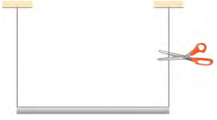 Figure shows a rod that is held vertically by two strings connected at its ends. One of the strings is cut with scissors.