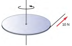 Figure shows a uniform disk that rotates around a vertical axis through its center. A cord is wrapped around the rim of the disk and pulled with a force of 10 N.