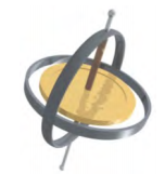 Desenho de um giroscópio, que consiste em um disco que pode girar em um eixo, perpendicular ao plano do disco e através de seu centro. Dois anéis cercam o giroscópio. Um está preso ao eixo acima e abaixo do disco, e o outro está preso ao primeiro anel e está no plano do disco, de forma que esse segundo anel seja concêntrico ao disco.