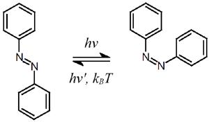 Azobenzene transitioning from in-line to u-shaped after exposure to light.